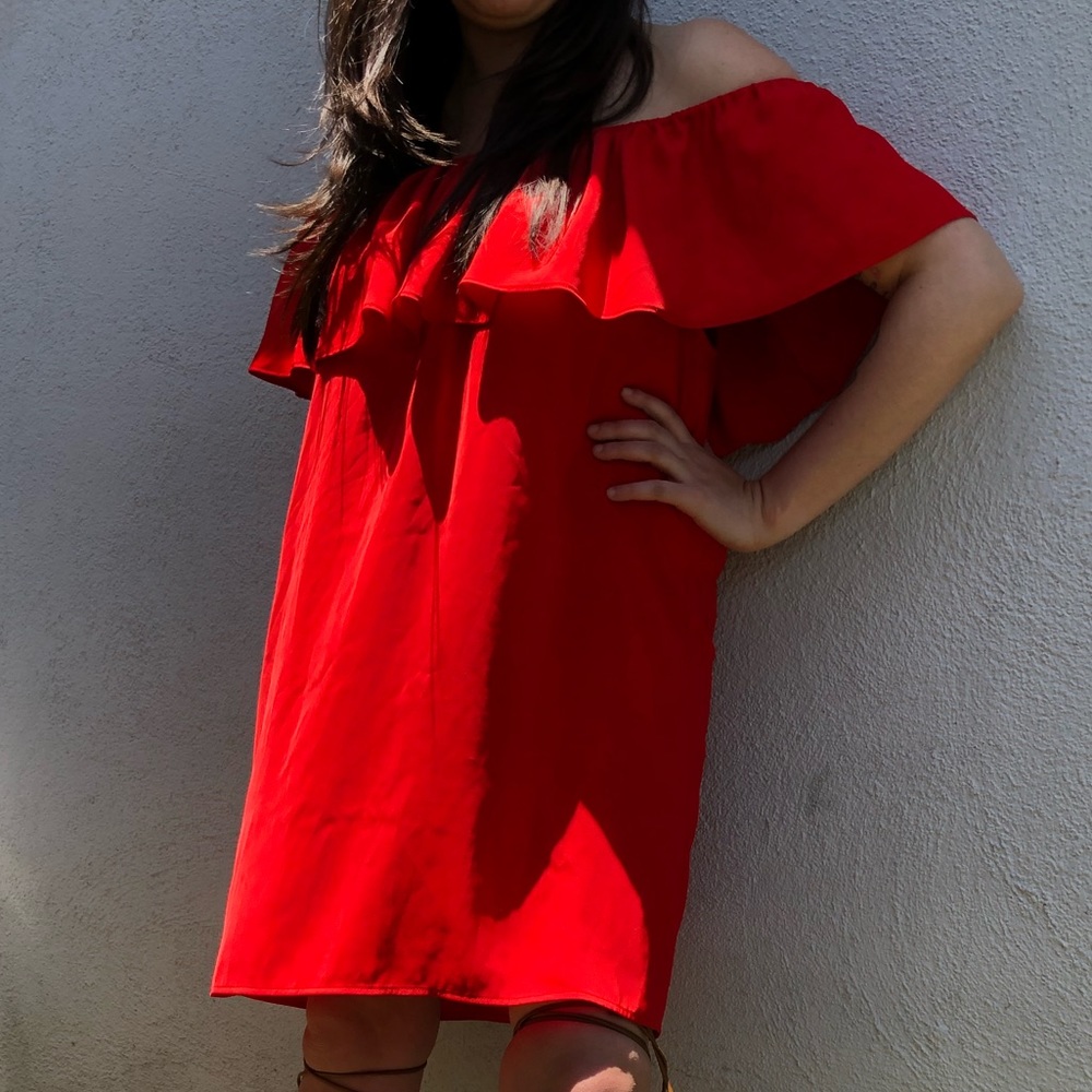 Red off the shoulder dress. Trending